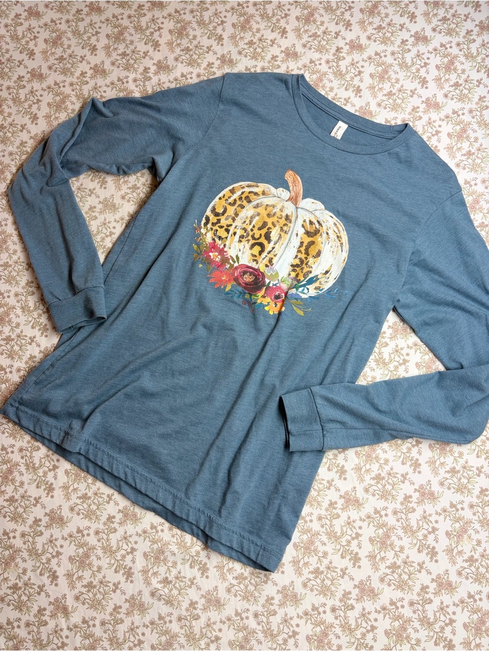 Bella+Canvas Dusty Blue Long Sleeve Tee with White Pumpkin & Leopard Accent